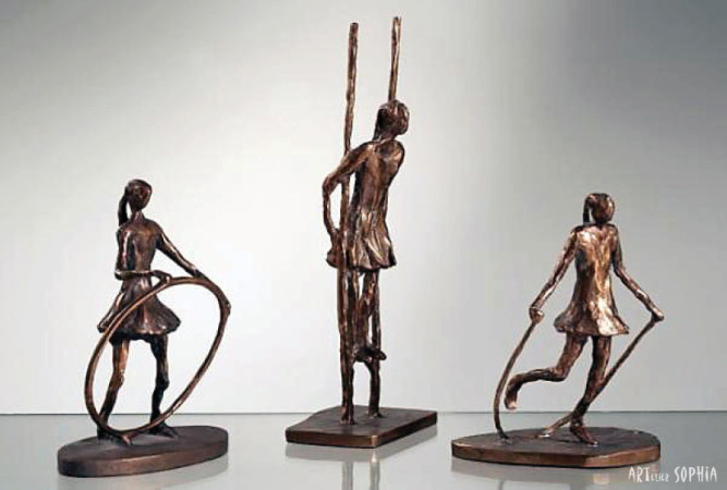 Bronze sculpture bowling a hoopo, stilt walking, skip-rope